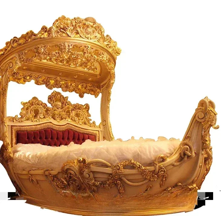 European-Style Wood Carved Double Bed Luxury Boat Style French Fabric Princess Villa Bedroom Furniture Bedroom Set Muebles