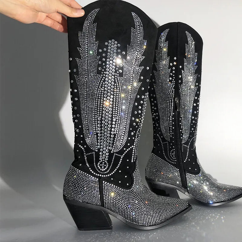Onlymaker Women Black Knee High Rhinestone Boots Western Cowboy Boots Glitter Bling Shiny Block Heel Handmade Boots