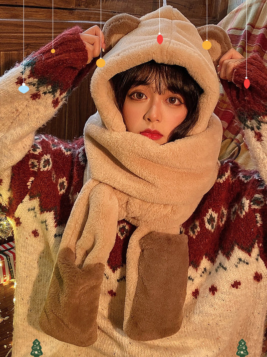 Winter Bears Hat Gloves Scarf Three in One Cute Women's Warm Thickened Plush Scarf