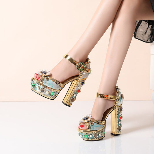 Summer Leather women sandals gold roman gladiator sandals square heel pearl sandles women platform sandals big size 41 42