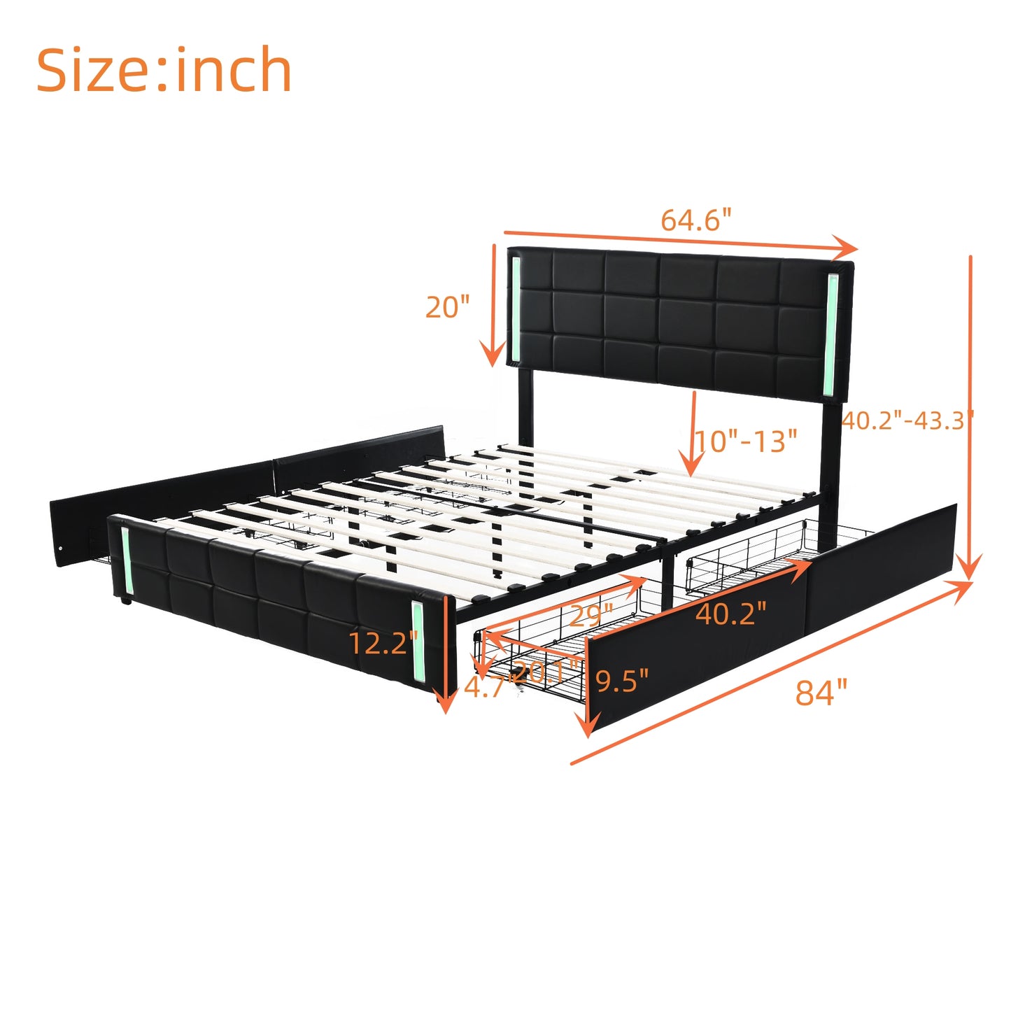 Queen Size Upholstered Platform Bed with LED Lights and USB Charging, Storage Bed with 4 Drawers, Black