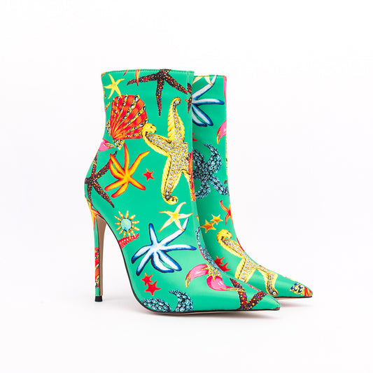Womens Pointed Toe Printed Mixed Colors Ankle Boots Stilettos High heel Sexy Shoes Plus Big Size