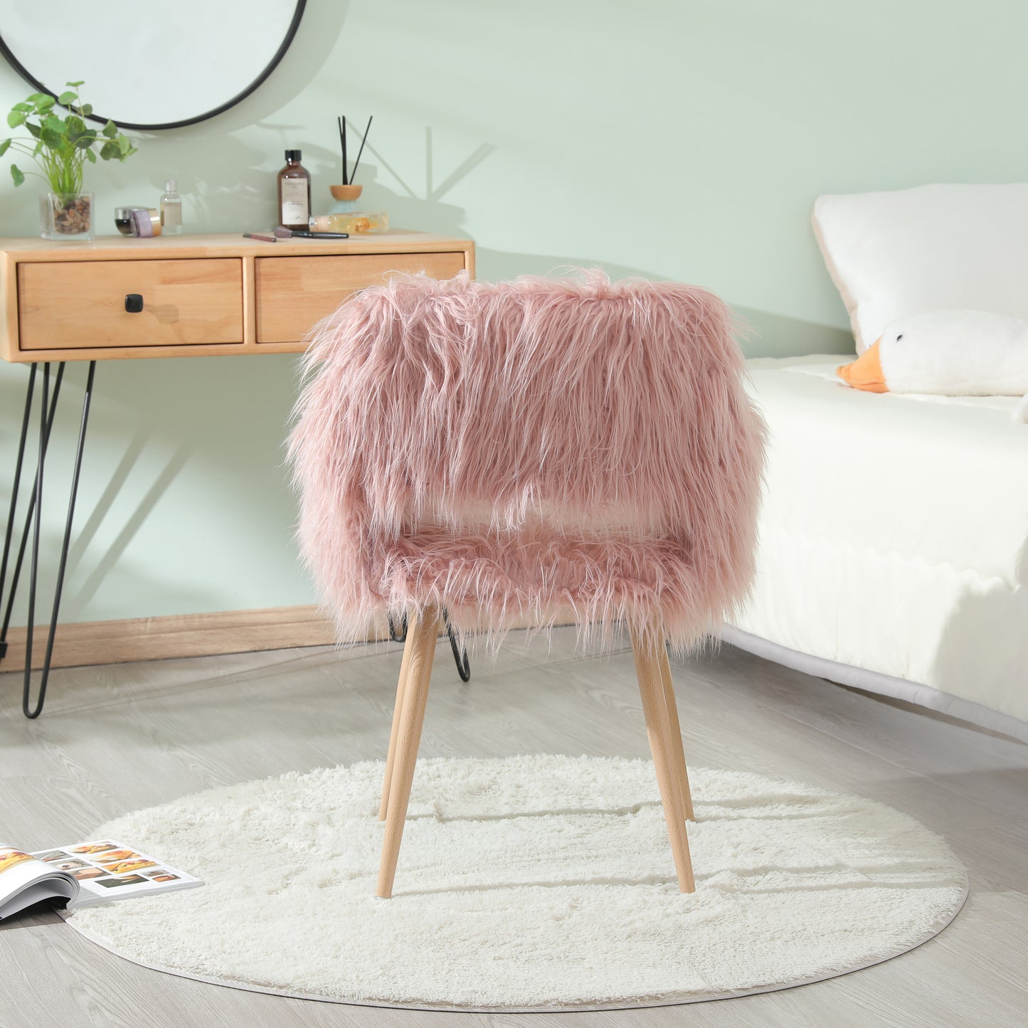 PINK Faux Fur Upholstered Make up chair Side Dining Chair with Metal Leg(PINK+Beech Metal Leg)