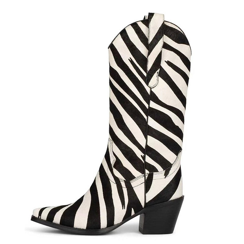 Knee-Length Elastic Rider Boots Round Heel Square Toe Western Boots Plus Size Knee-High Women's Boots