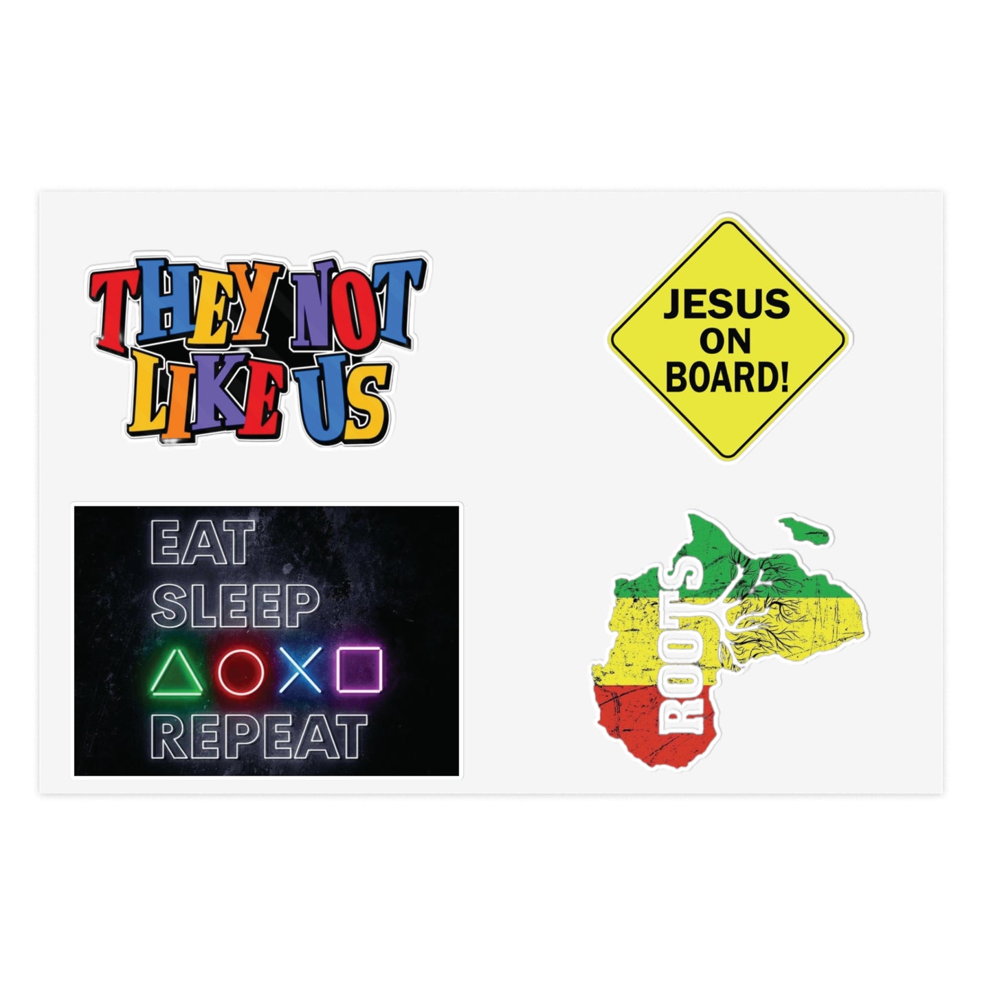 Sticker Sheet Pack — Retro Gaming, Rasta Roots, Christian 'Jesus On Board' & 'They Not Like Us' Designs