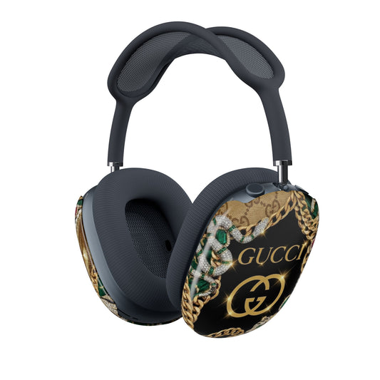 Designer-Inspired AirPod Max Case — Black Gold Chain 'GUCCI' Pattern