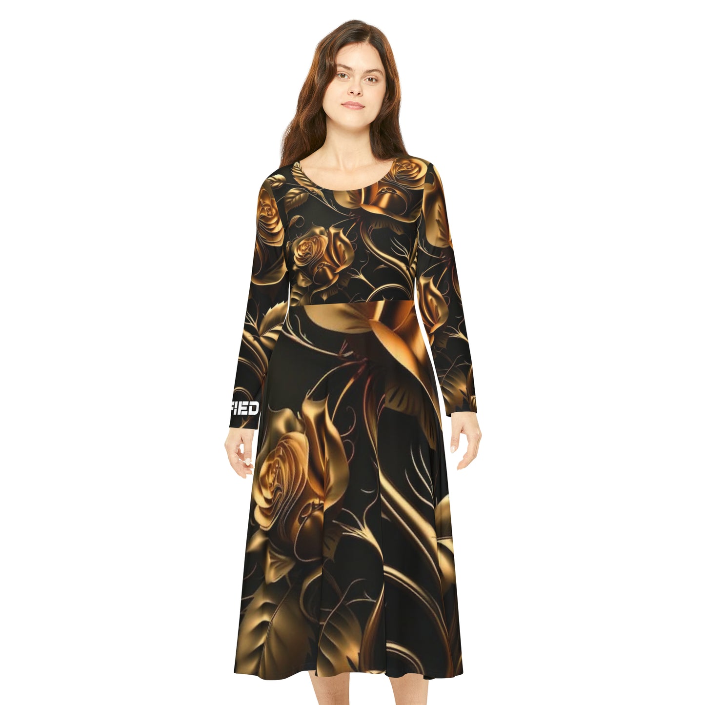 DOPiFiED Women's Long Sleeve "Gold Floral" Dance Dress