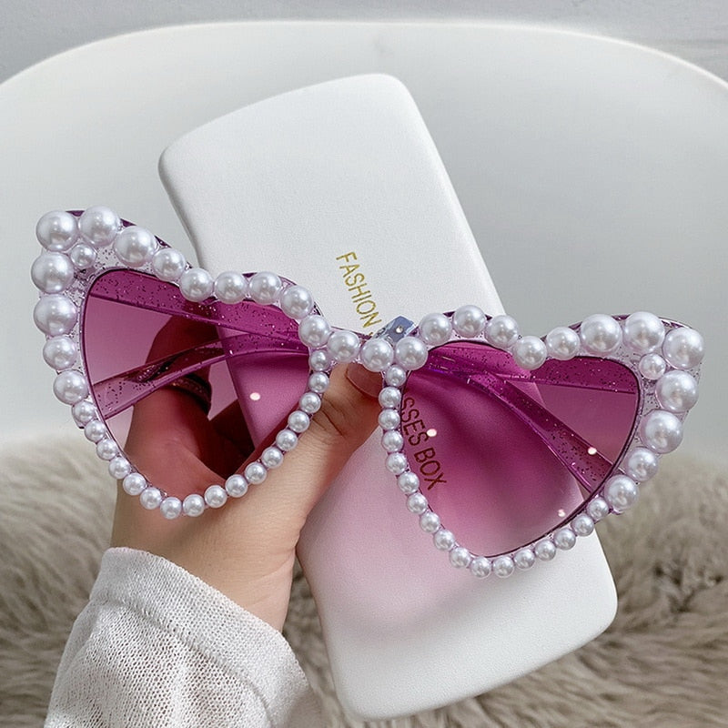Retro Heart-Shaped Imitation Pearl Frame Sunglasses UV400 Women Cat Eye Pink Eyewear Trendy Beach Party  Sun Glasses