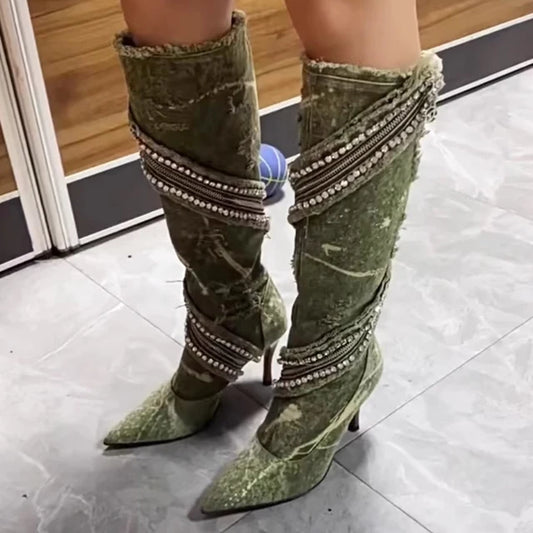Streetwear Shiny Diamond High Heel Pointed Toe Knee Length Denim Boots  New Autumn Winter Crystal Wrap Zipper Shoes