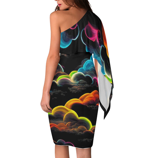 Womens Long Sleeve One Shoulder DOPiFiED RAINBOW CLOUD Party Dress