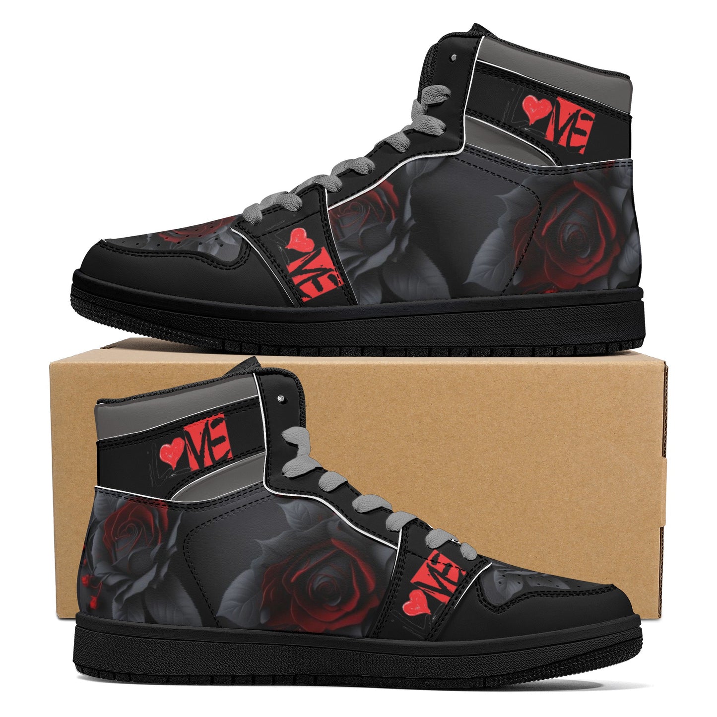 L❤️VE BLACK ROSE Mens Black High Top Leather Sneakers