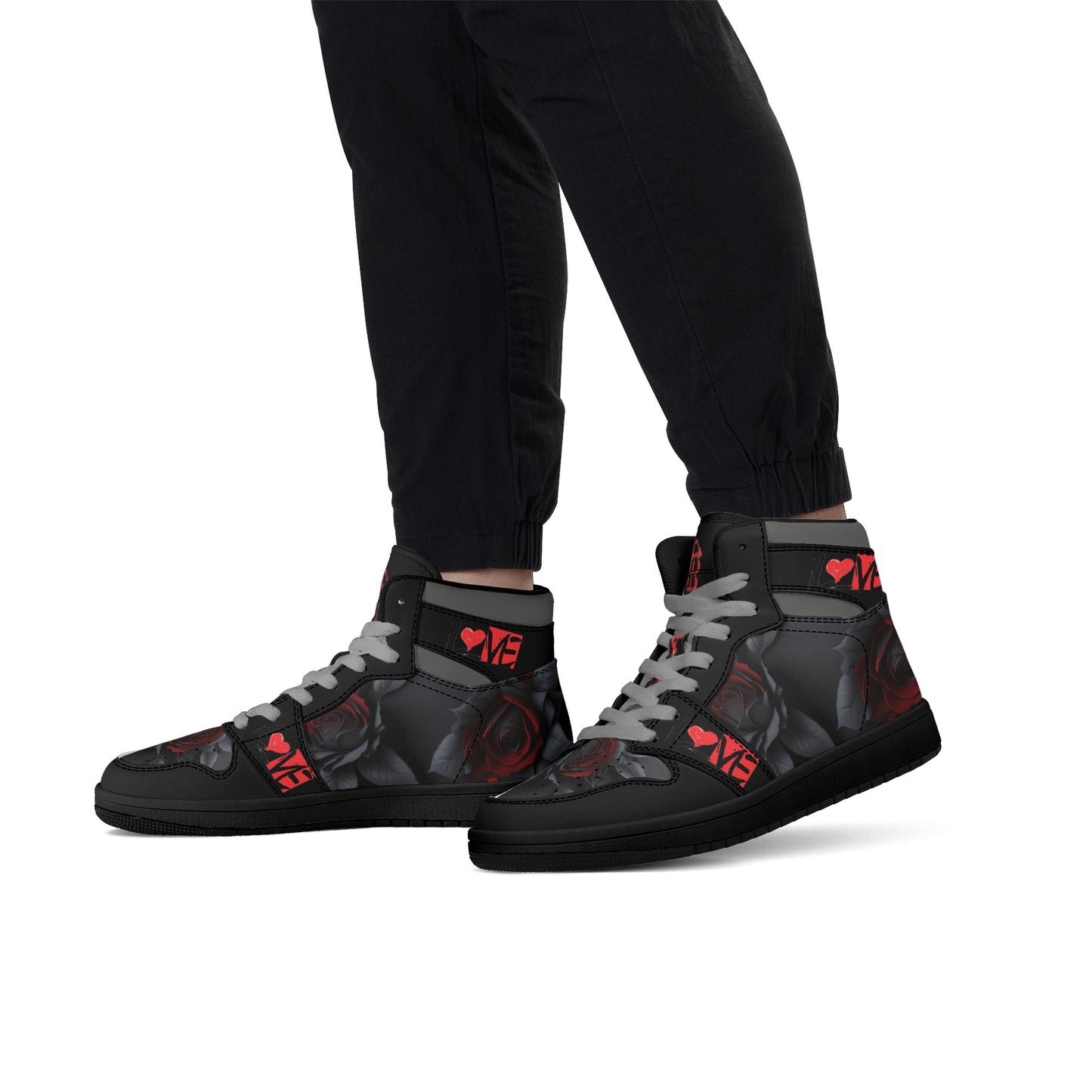 L❤️VE BLACK ROSE Mens Black High Top Leather Sneakers