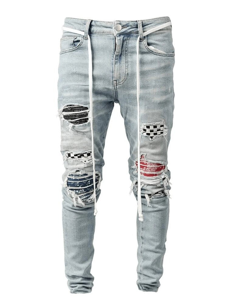 Men's Ripped jeans Badge Letters Hip-hop Skinny Jogging Denim  Fashion Pencil Long Trousers Distressed Jeans For Men Clothing