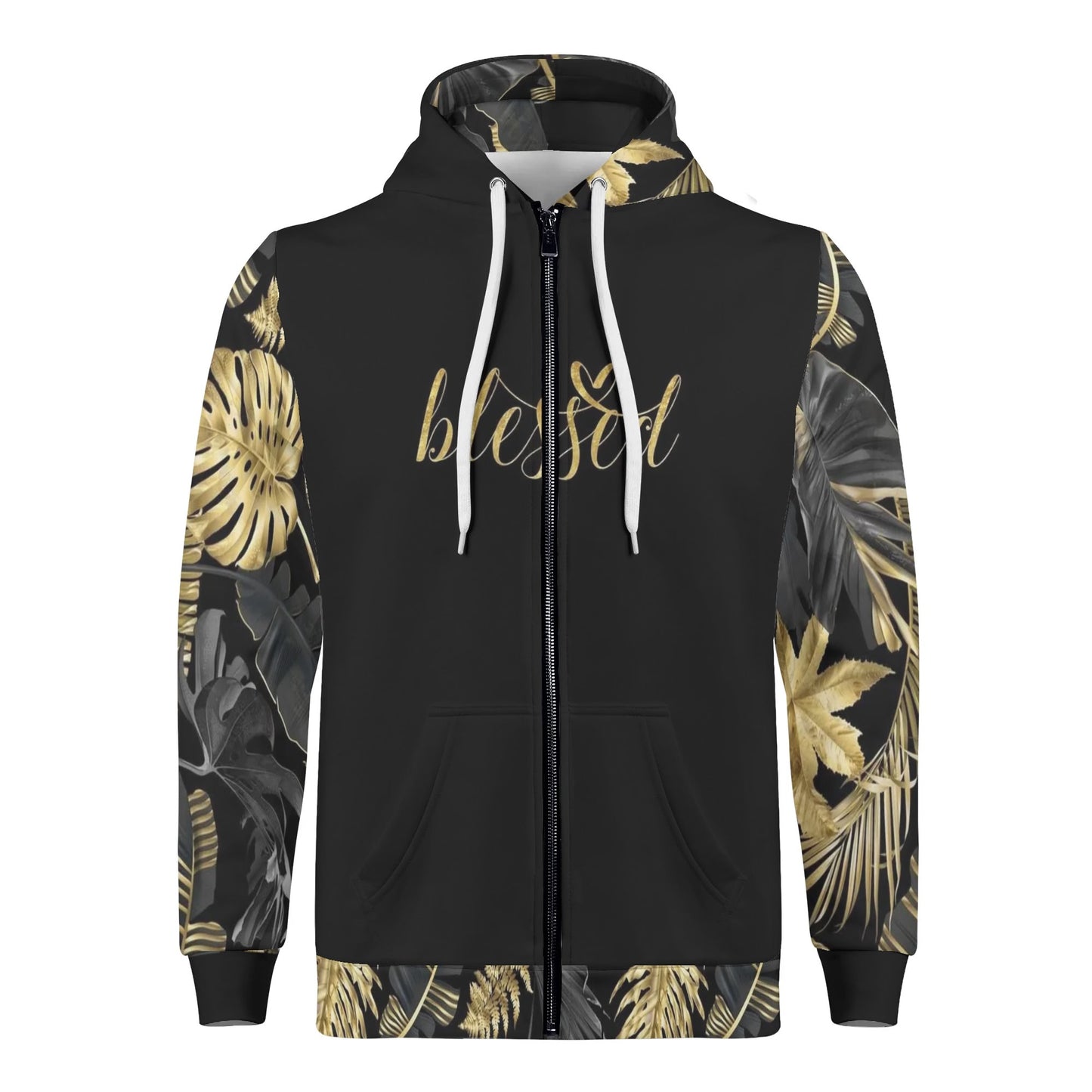 Mens Golden Floral Blessed Classic Zip Up Hoodie Warm Jacket