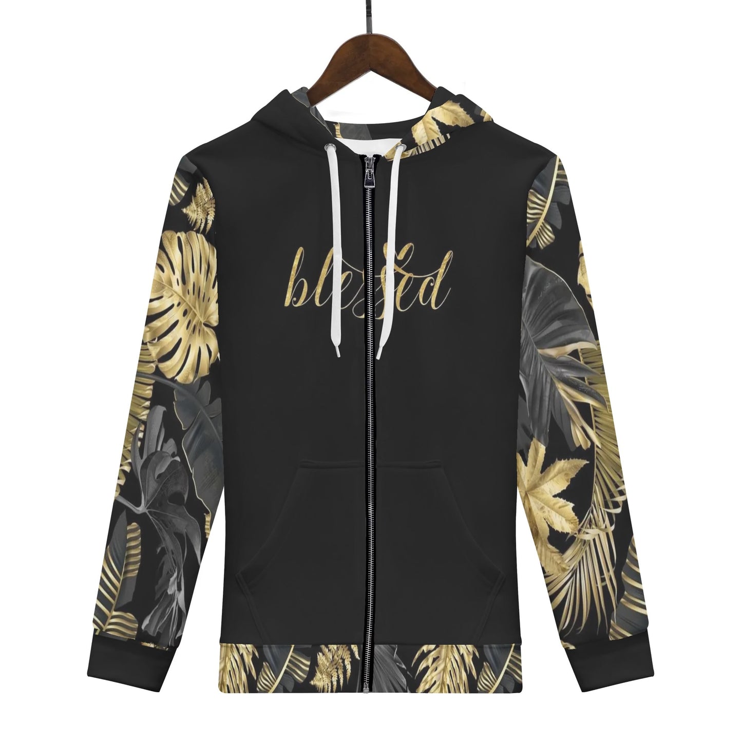 Mens Golden Floral Blessed Classic Zip Up Hoodie Warm Jacket