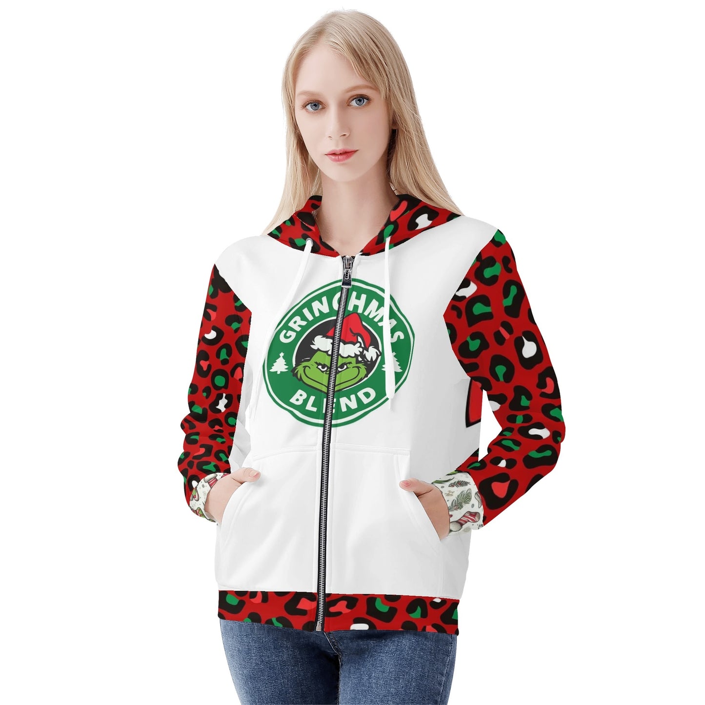 Womens Christmas Leopard Grinch Classic Zip Up Hoodie Warm Jacket