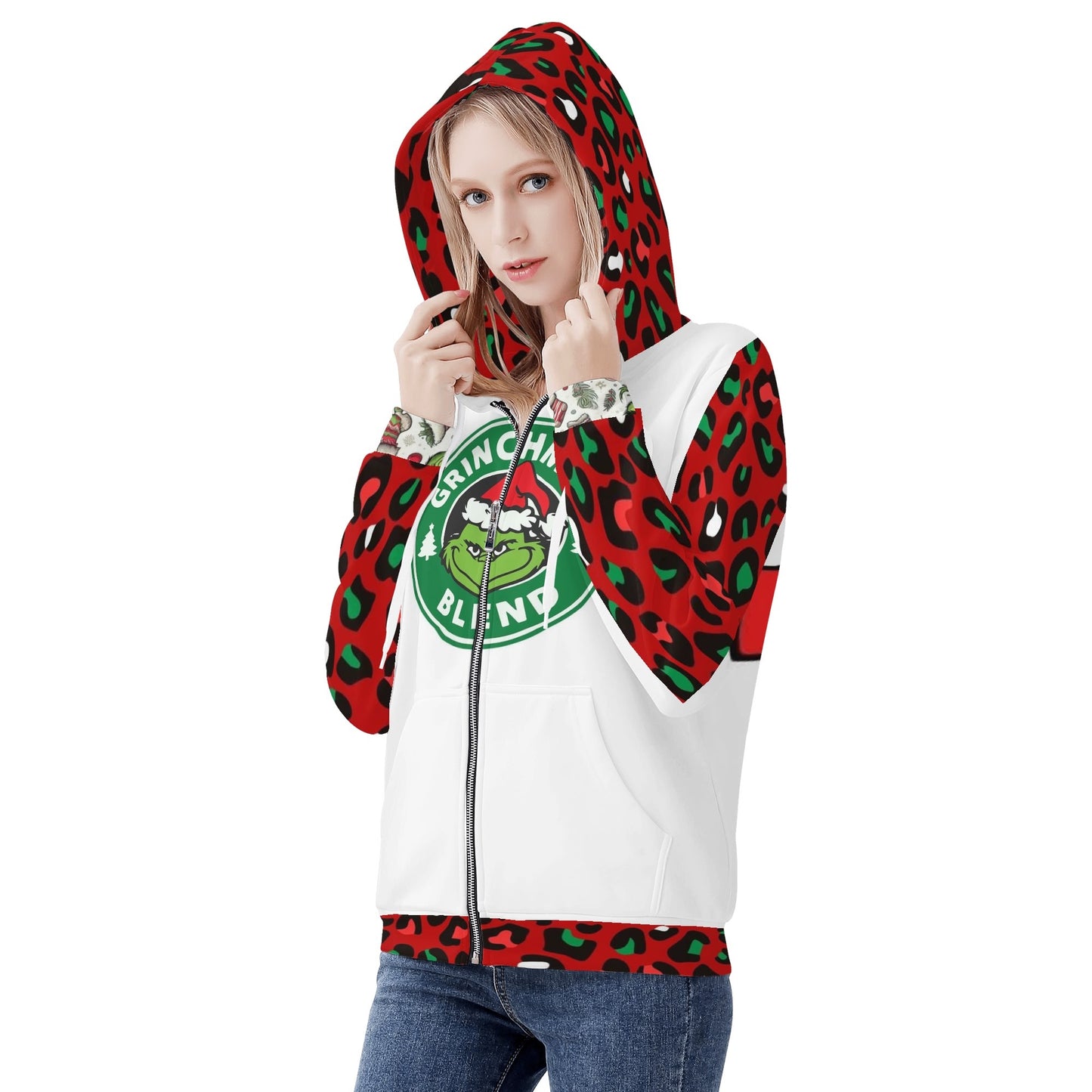 Womens Christmas Leopard Grinch Classic Zip Up Hoodie Warm Jacket