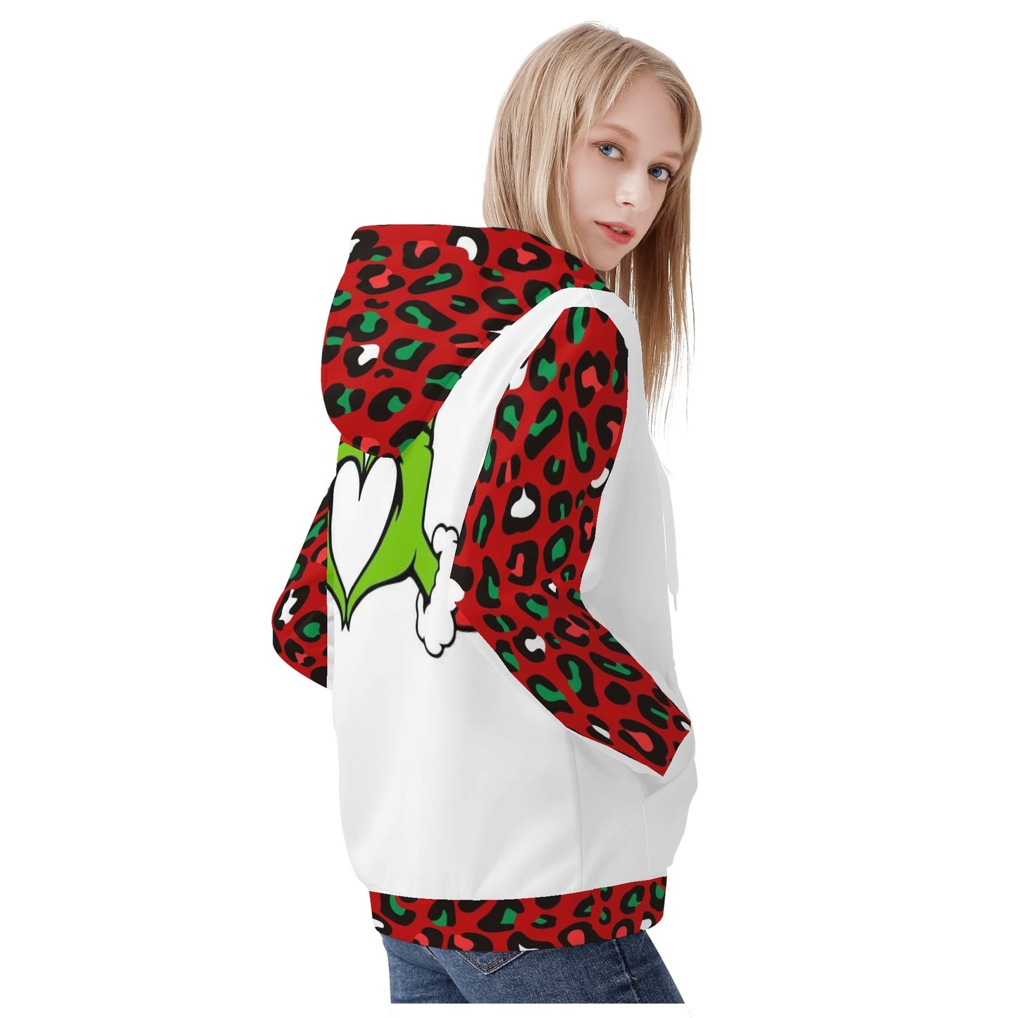 Womens Christmas Leopard Grinch Classic Zip Up Hoodie Warm Jacket