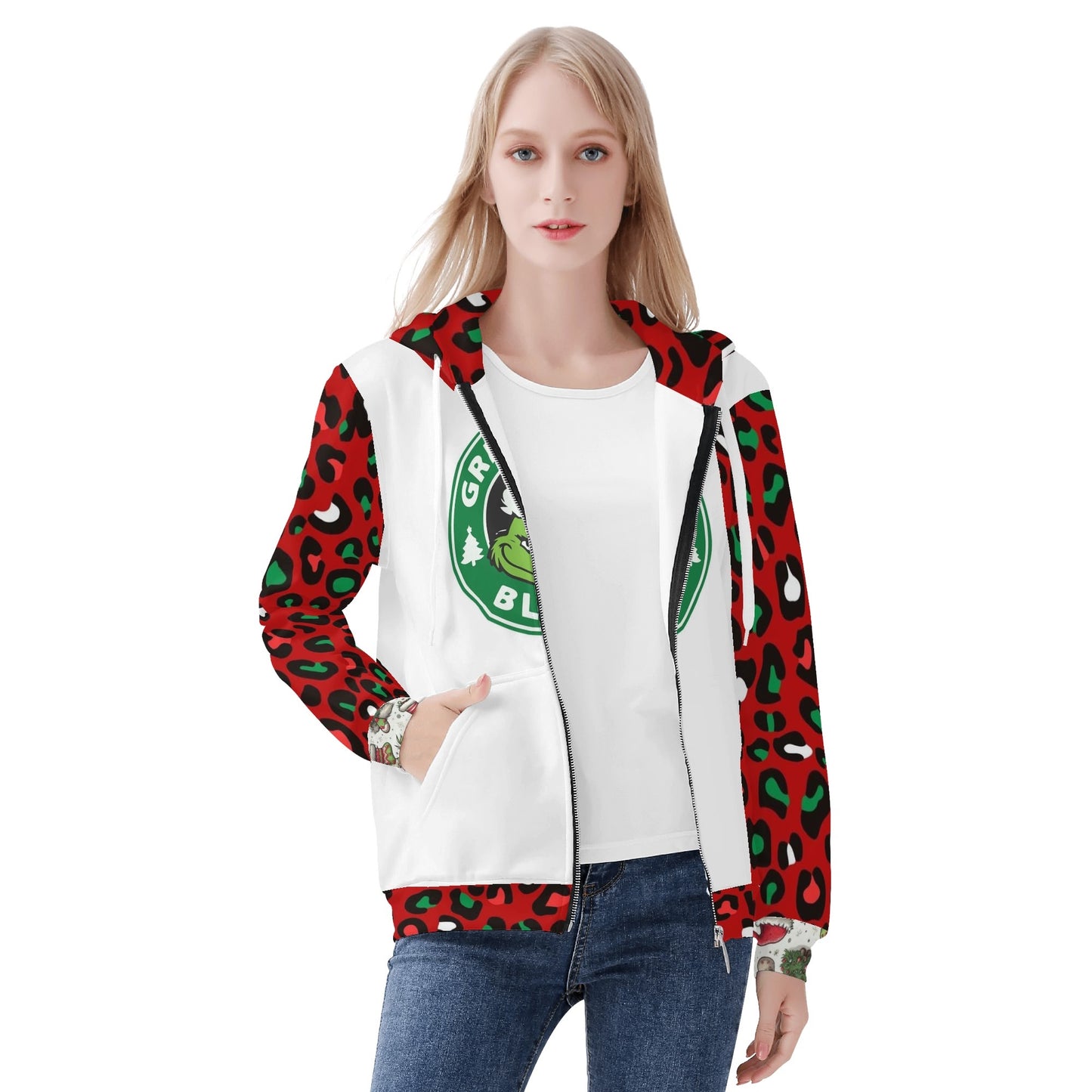 Womens Christmas Leopard Grinch Classic Zip Up Hoodie Warm Jacket