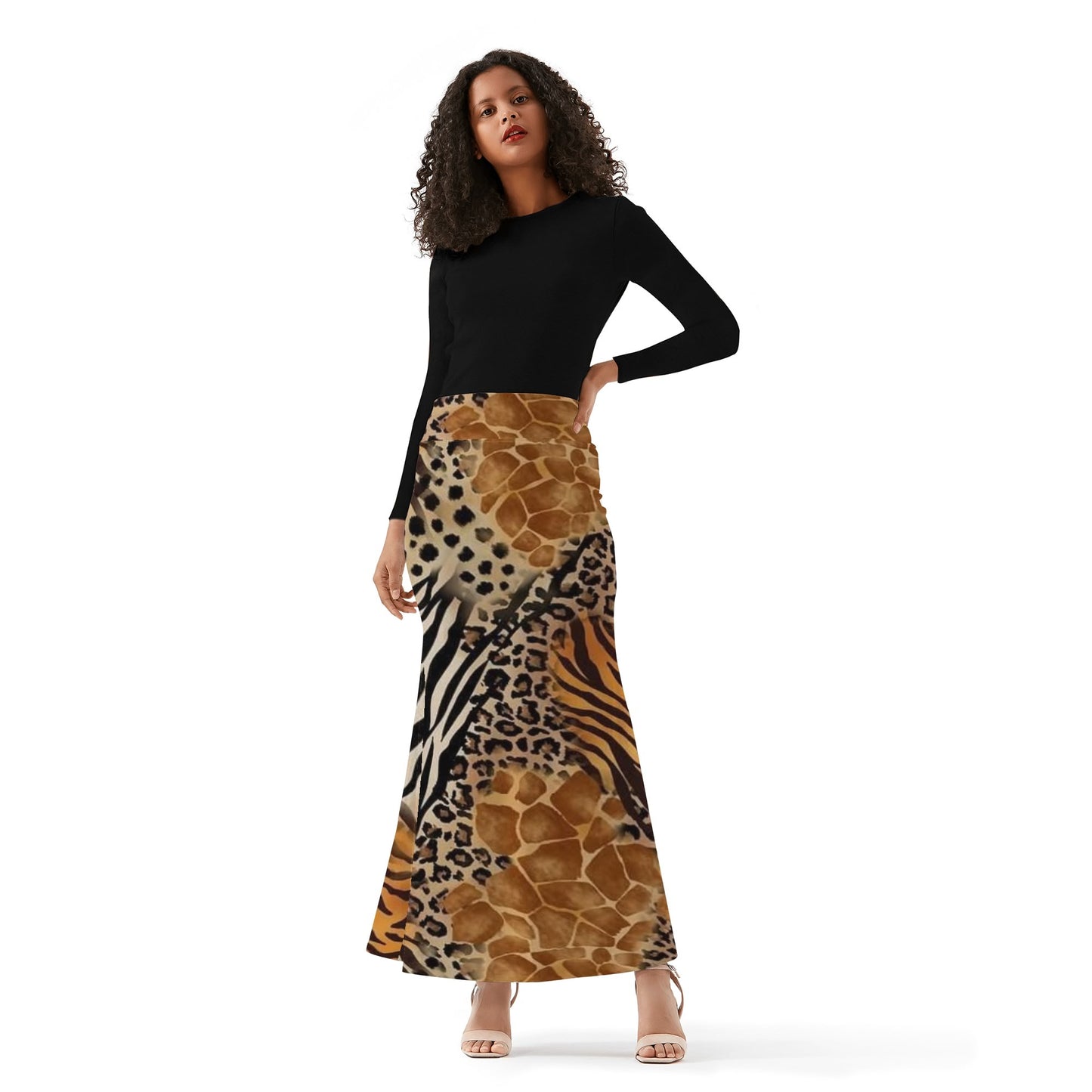 Womens Animal Safari Wrap Fishtail Long Skirt