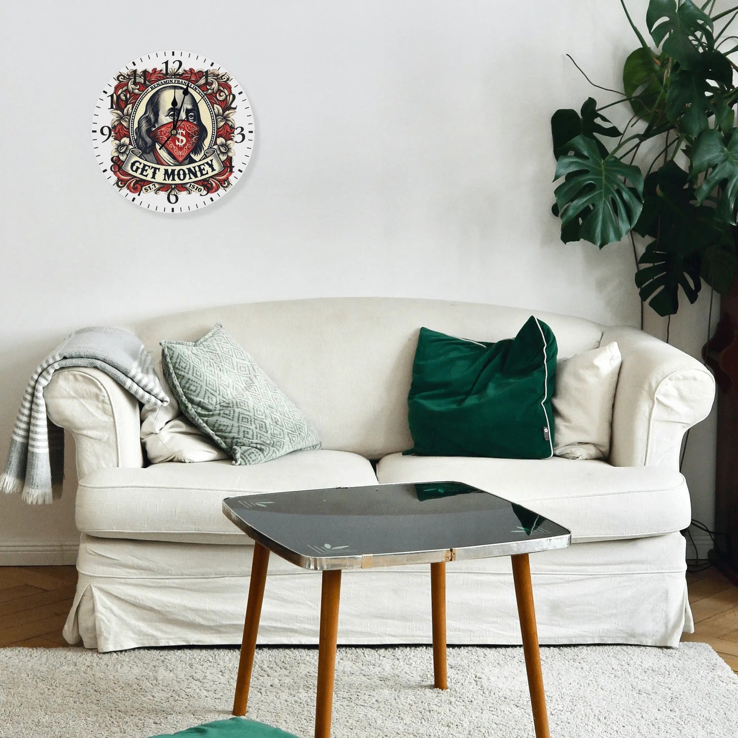 RED Benji Money Frameless Wall Clock Round Shape for Kitchen Bedroom Living Room