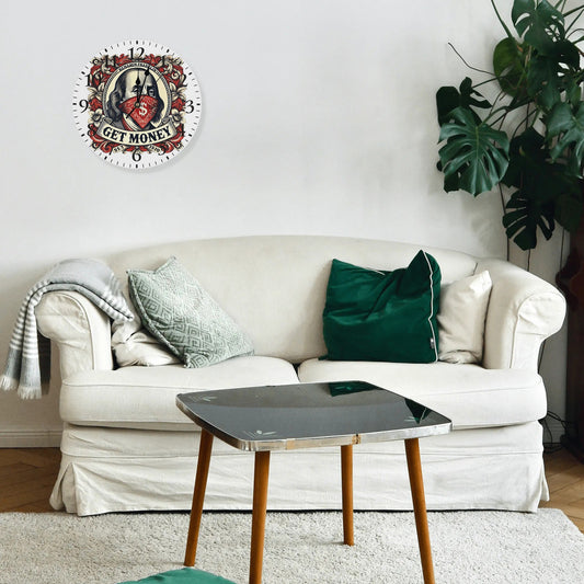 RED Benji Money Frameless Wall Clock Round Shape for Kitchen Bedroom Living Room