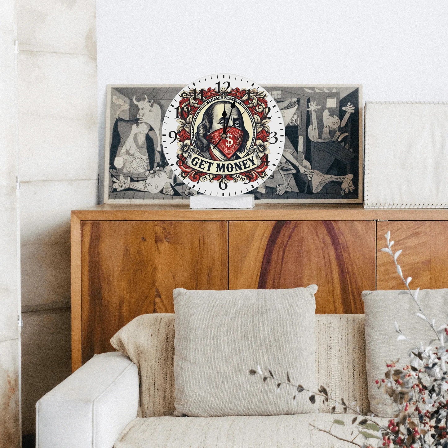 RED Benji Money Frameless Wall Clock Round Shape for Kitchen Bedroom Living Room