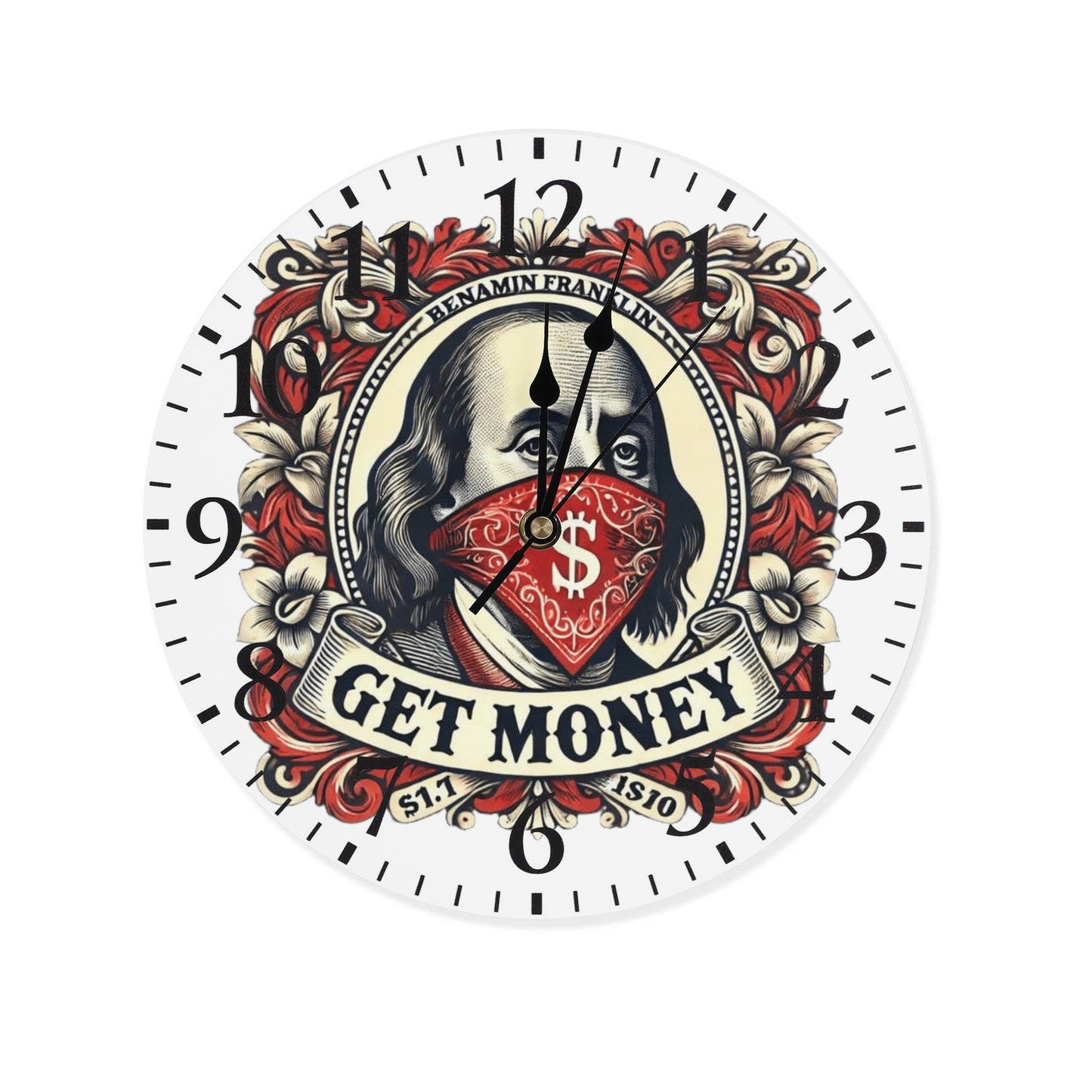 RED Benji Money Frameless Wall Clock Round Shape for Kitchen Bedroom Living Room