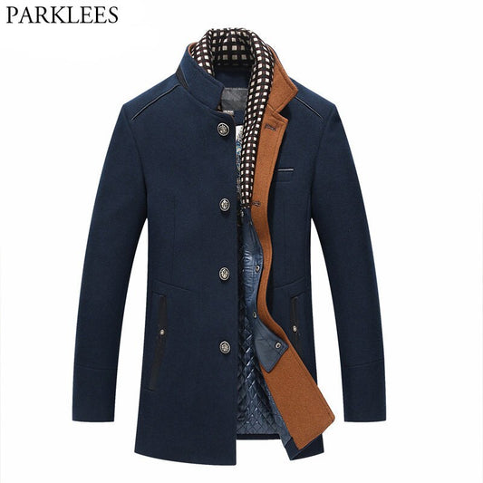 Thick Mens Winter Long Wool Trench Slim Fit Casual Peacoat Double Collar Woolen Overcoat