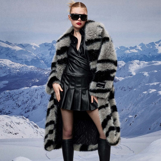 Women's fur coat new fashion zebra fox fur coat long winter leisure and warm