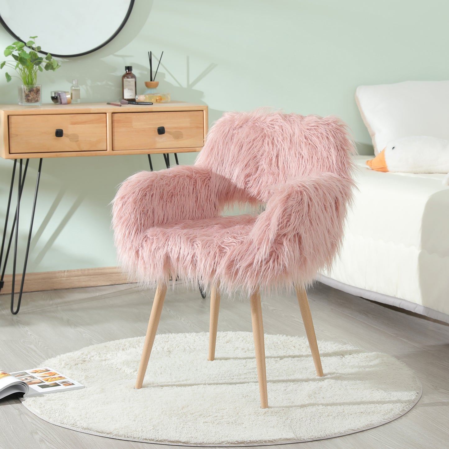 PINK Faux Fur Upholstered Make up chair Side Dining Chair with Metal Leg(PINK+Beech Metal Leg)