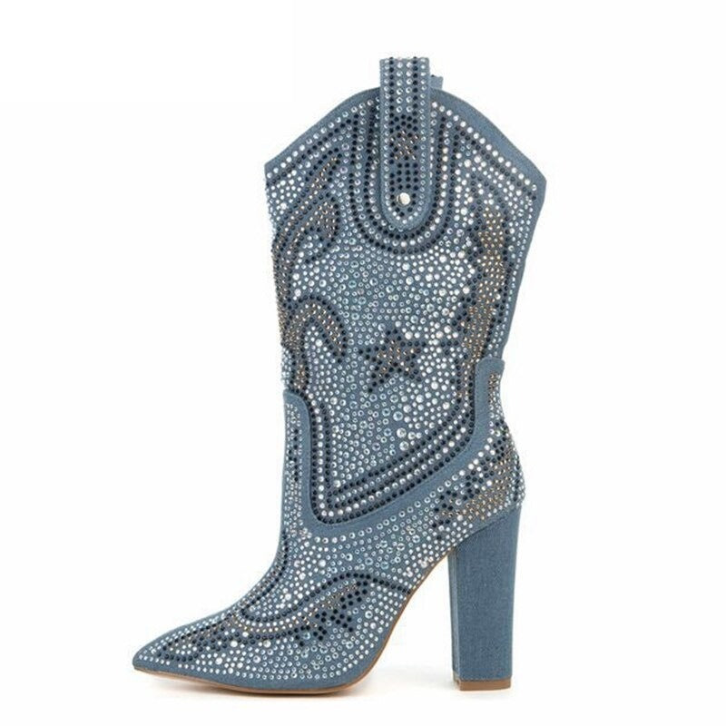 Pointed Boots Women Sexy Rhinestone Western Cowboy Suede Crystal Boots Black Chunky High Heels Women's Shoes