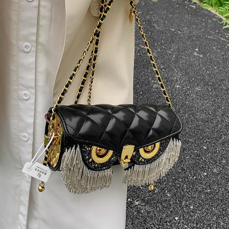 New Luxury Designer Leather Owl Handbag w/ Tassel