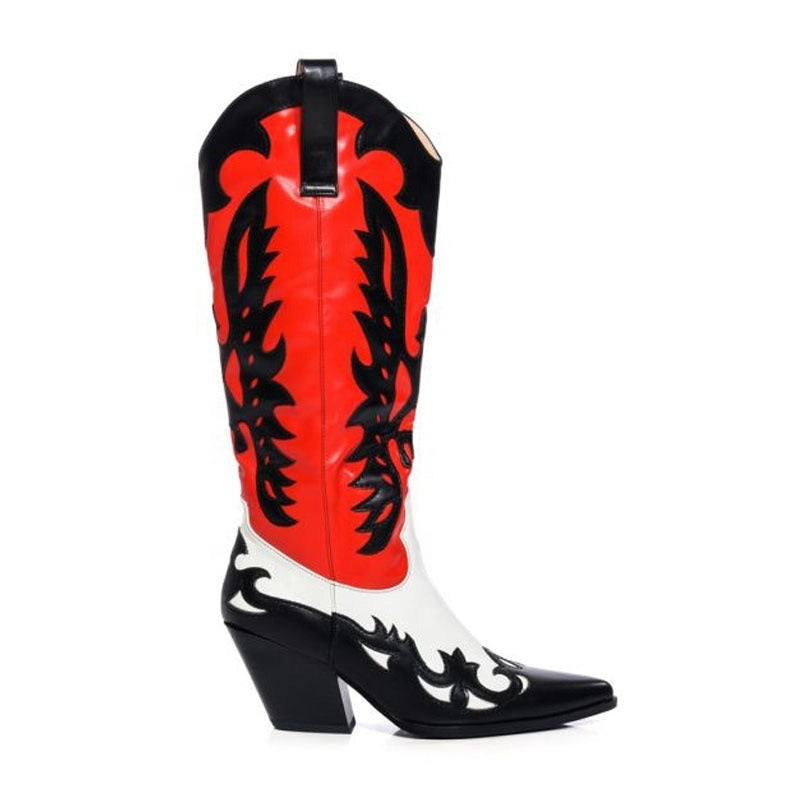 Women Multicolor Wedge Heels Boots Western Cowboy Cowgirl Pointy Toe Patchwork Knee High Boots Female