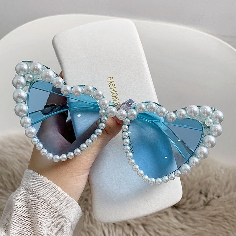 Retro Heart-Shaped Imitation Pearl Frame Sunglasses UV400 Women Cat Eye Pink Eyewear Trendy Beach Party  Sun Glasses