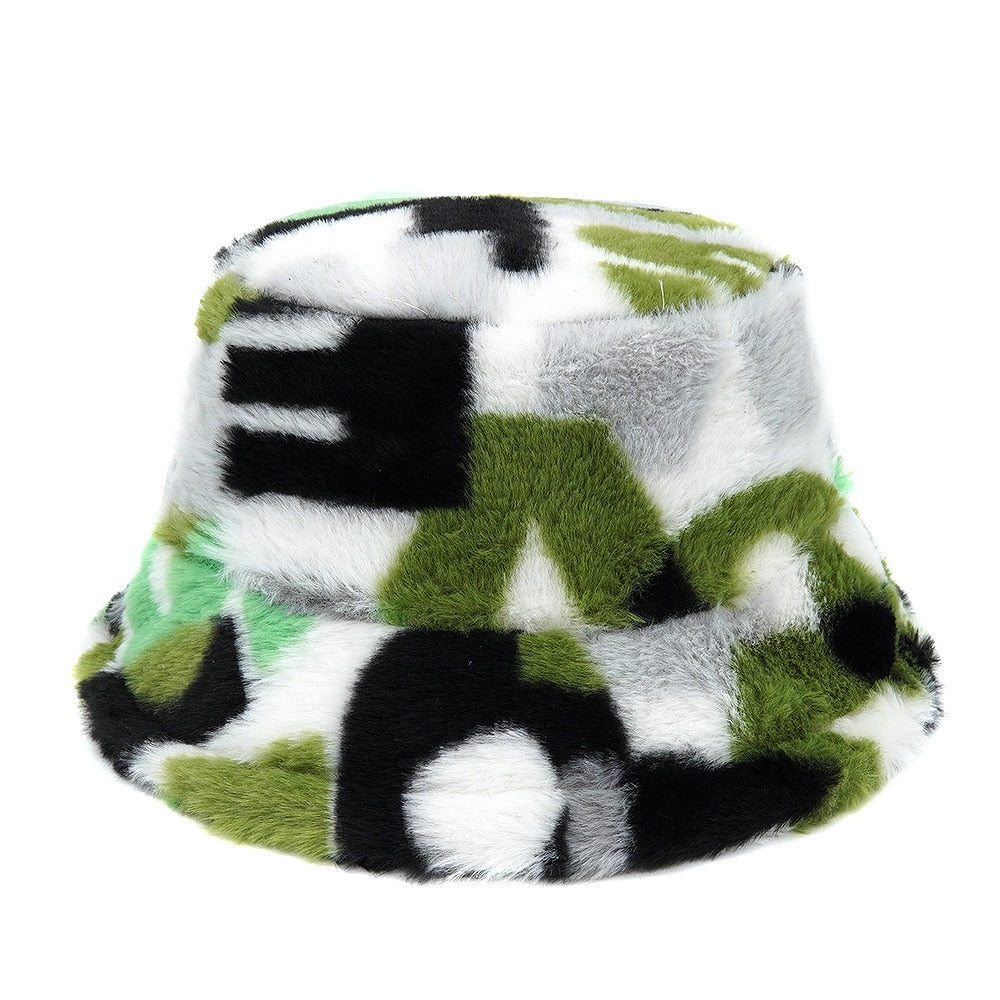 Autumn Winter Camouflage Faux Fur Bucket Hats Women Girl Fashion Warm Soft Velvet Fluffy Fisherman Hat Ladies Outdoor Panama