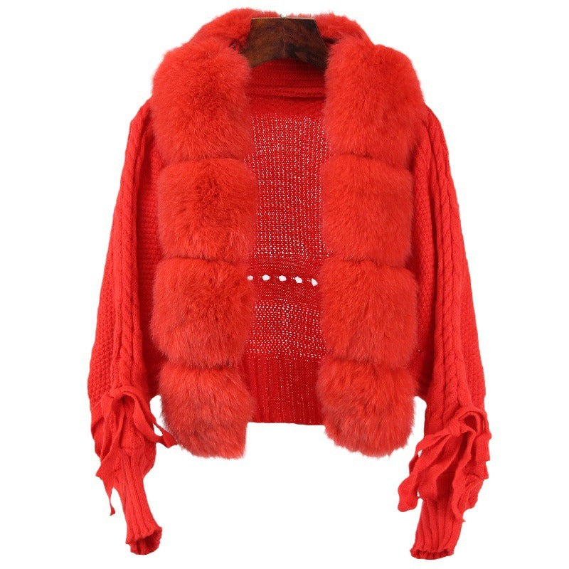 New Fashion Short Warm Loose Knitted Jacket with Natural Fur Placket Coat