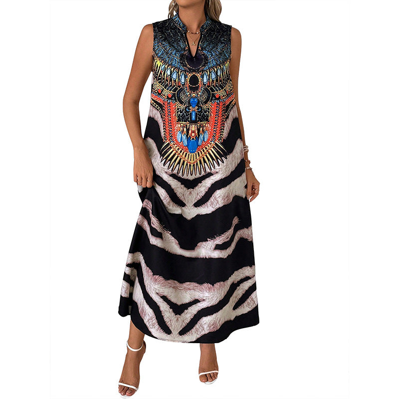 European and American style retro exotic standing collar sleeveless zebra print dress