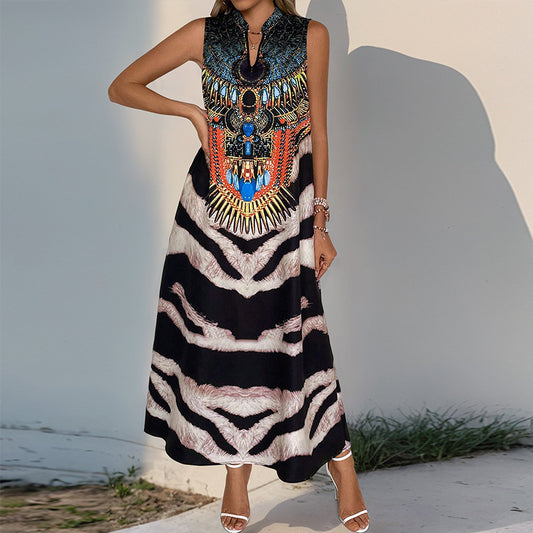 European and American style retro exotic standing collar sleeveless zebra print dress