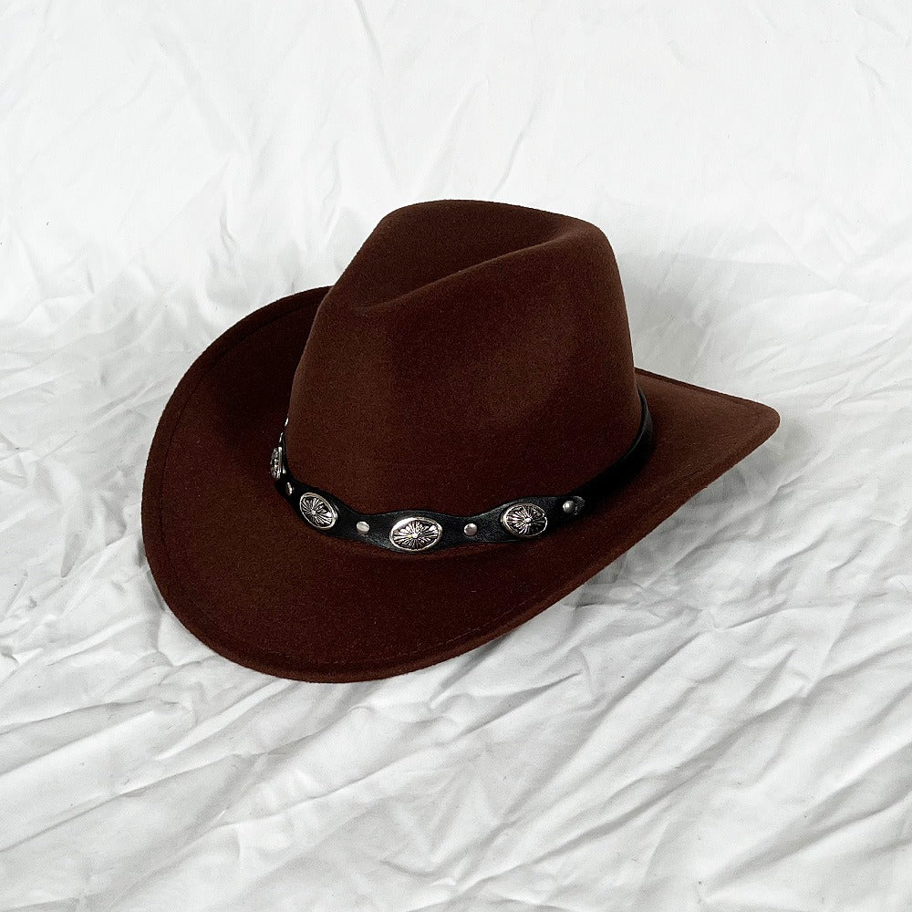 Punk Style Cowboy Top Hat Autumn And Winter Woolen Felt Hat Mens and Womens Jazz Hat British Style Metal Belt Vintage Top Hat