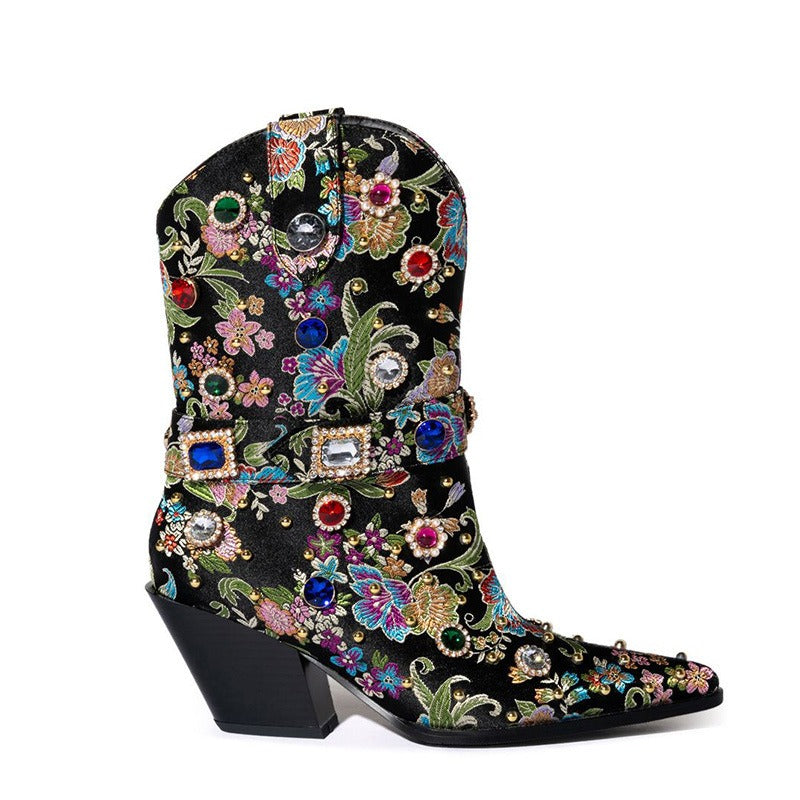 Women Gemstone-embellished Cowboy Boots Female Wedge Heel Floral Satin Ankle Boots Ladies Sexy Pointy Toe Crystal