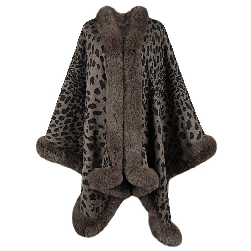 Autumn and Winter Wool Collar Cape Cardigan Leopard Cape Sweater Women