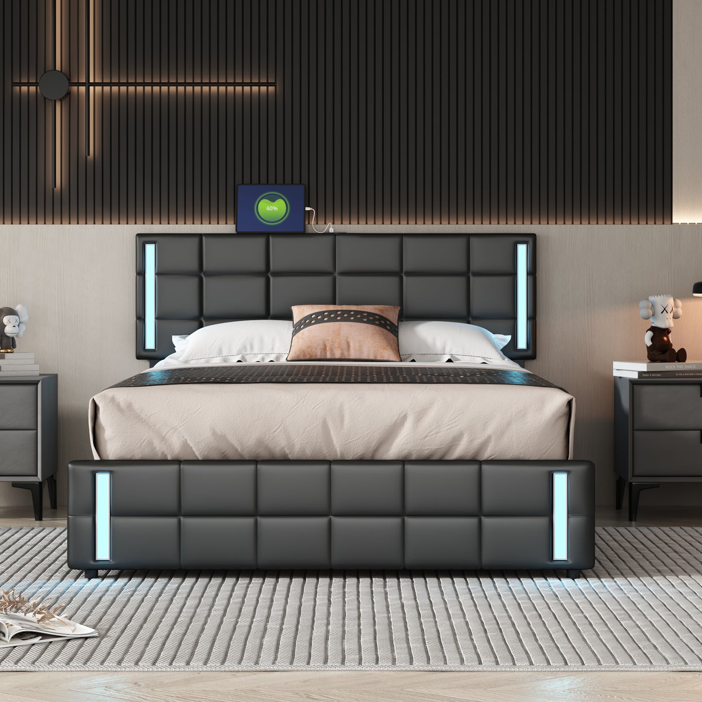 Queen Size Upholstered Platform Bed with LED Lights and USB Charging, Storage Bed with 4 Drawers, Black