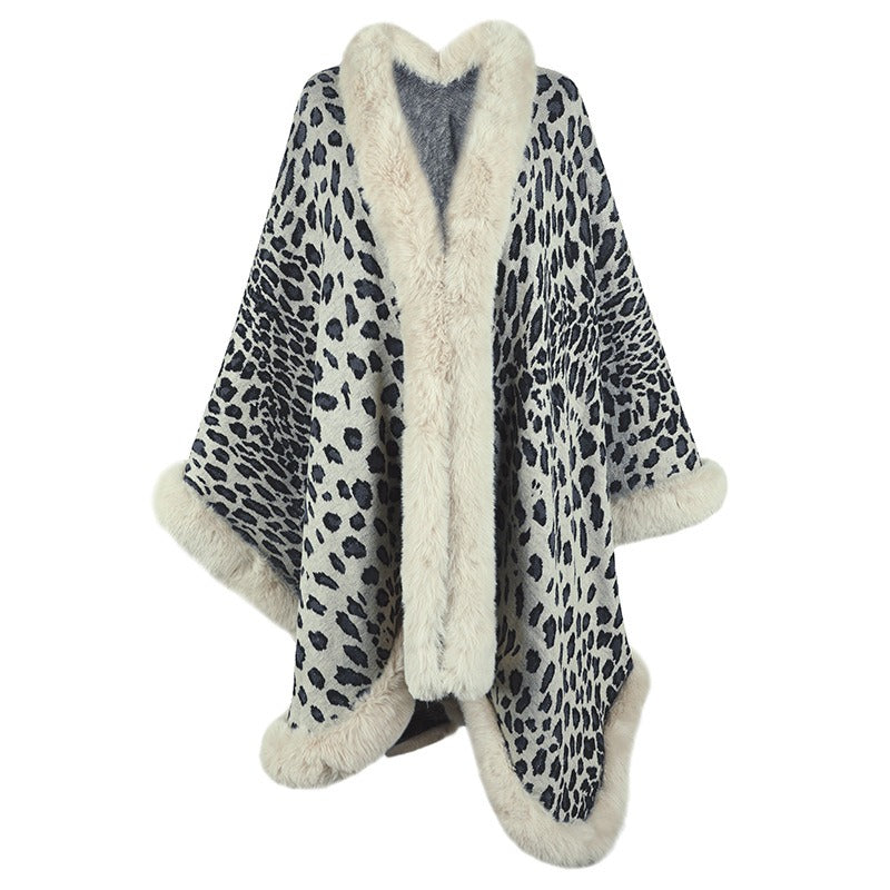 Autumn and Winter Wool Collar Cape Cardigan Leopard Cape Sweater Women