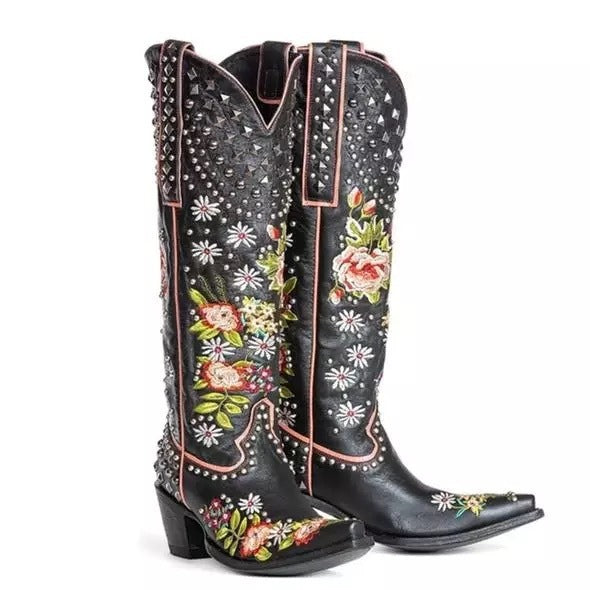 pointed toe bootswomen's boots ethnic style embroidered rivet thick heel women's boots