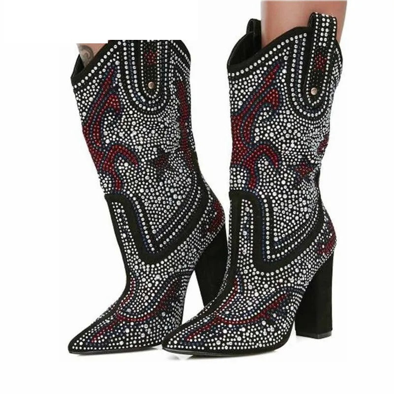 Pointed Boots Women Sexy Rhinestone Western Cowboy Suede Crystal Boots Black Chunky High Heels Women's Shoes