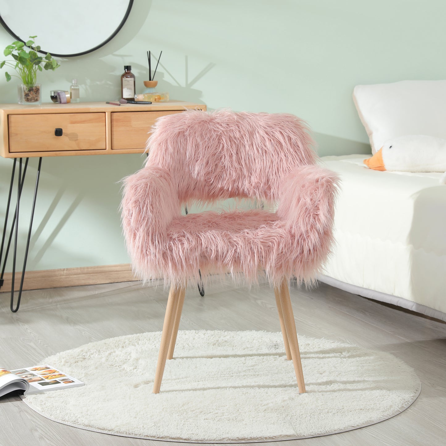 PINK Faux Fur Upholstered Make up chair Side Dining Chair with Metal Leg(PINK+Beech Metal Leg)