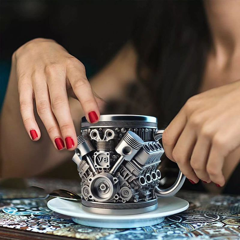 3D Engine - designed Stainless Steel Mug. Ideal for coffee/beer, a fun home & office drinking accessory.