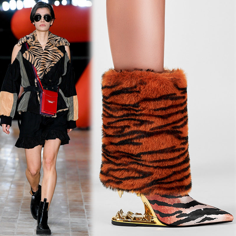 Women's Shoes New Brand Qulaity Autumn Winter Warm Mid Calf Boots Sexy High Heels Pointed toe Brown Dress Party