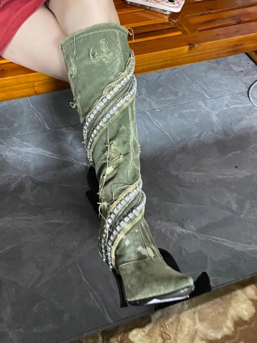 Streetwear Shiny Diamond High Heel Pointed Toe Knee Length Denim Boots  New Autumn Winter Crystal Wrap Zipper Shoes